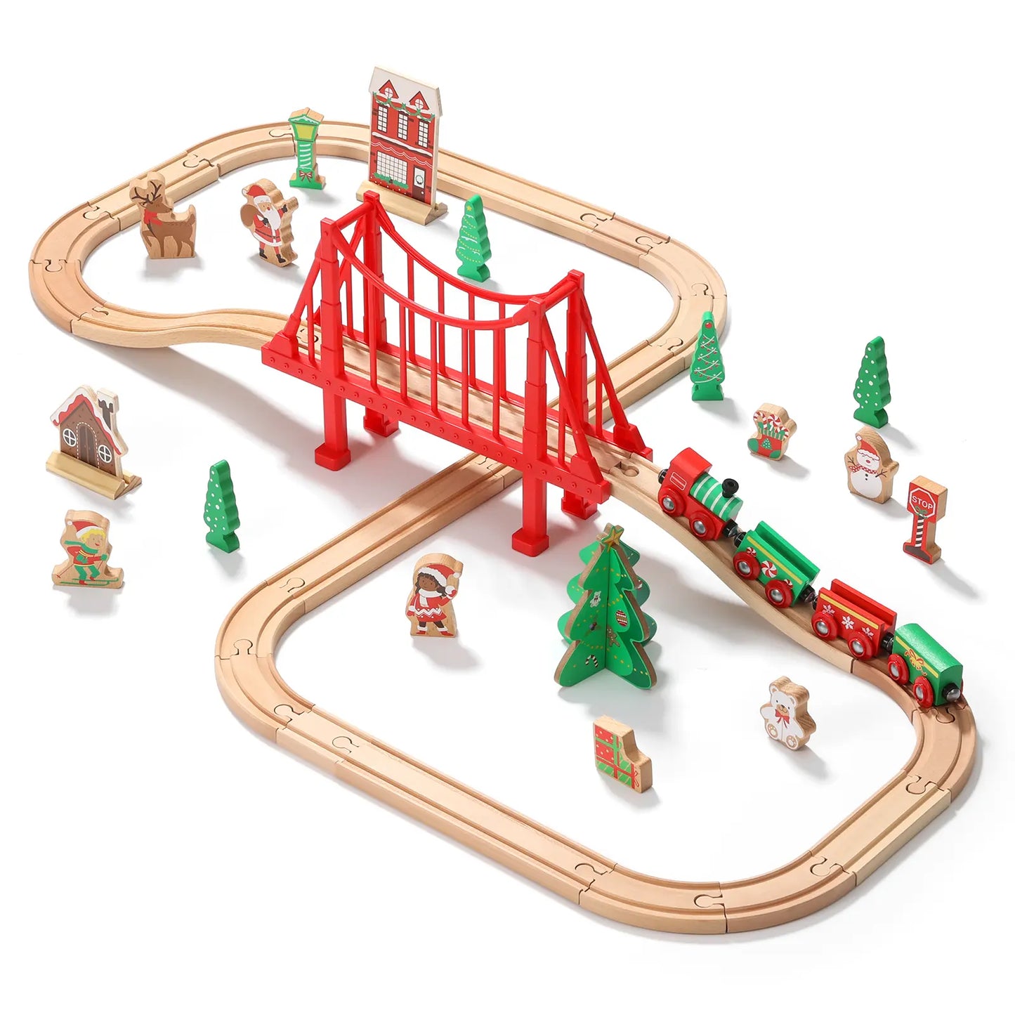 Toy train set with wooden tracks, red bridge, and small figures