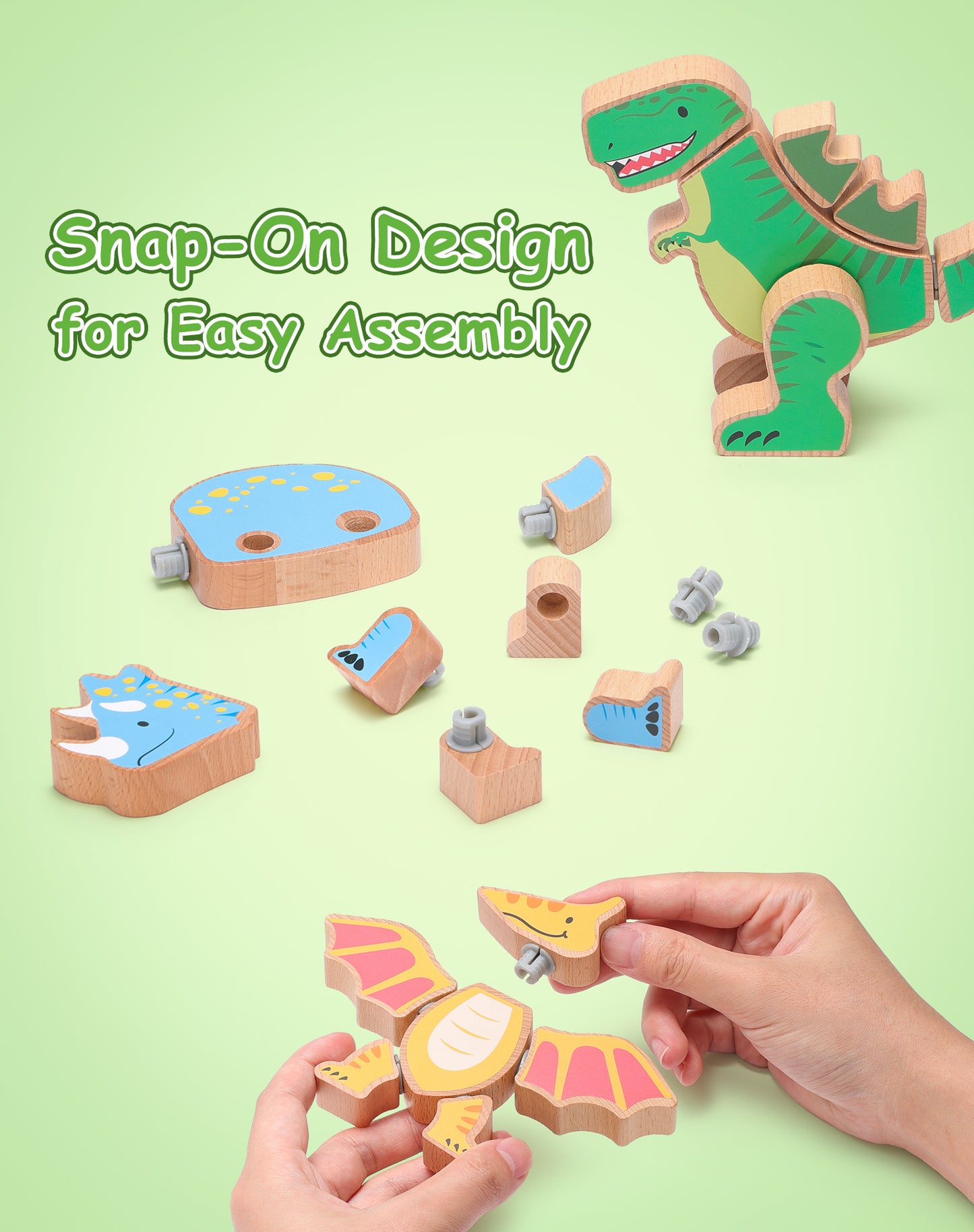 Wooden dinosaur toy with snap-on design for easy assembly