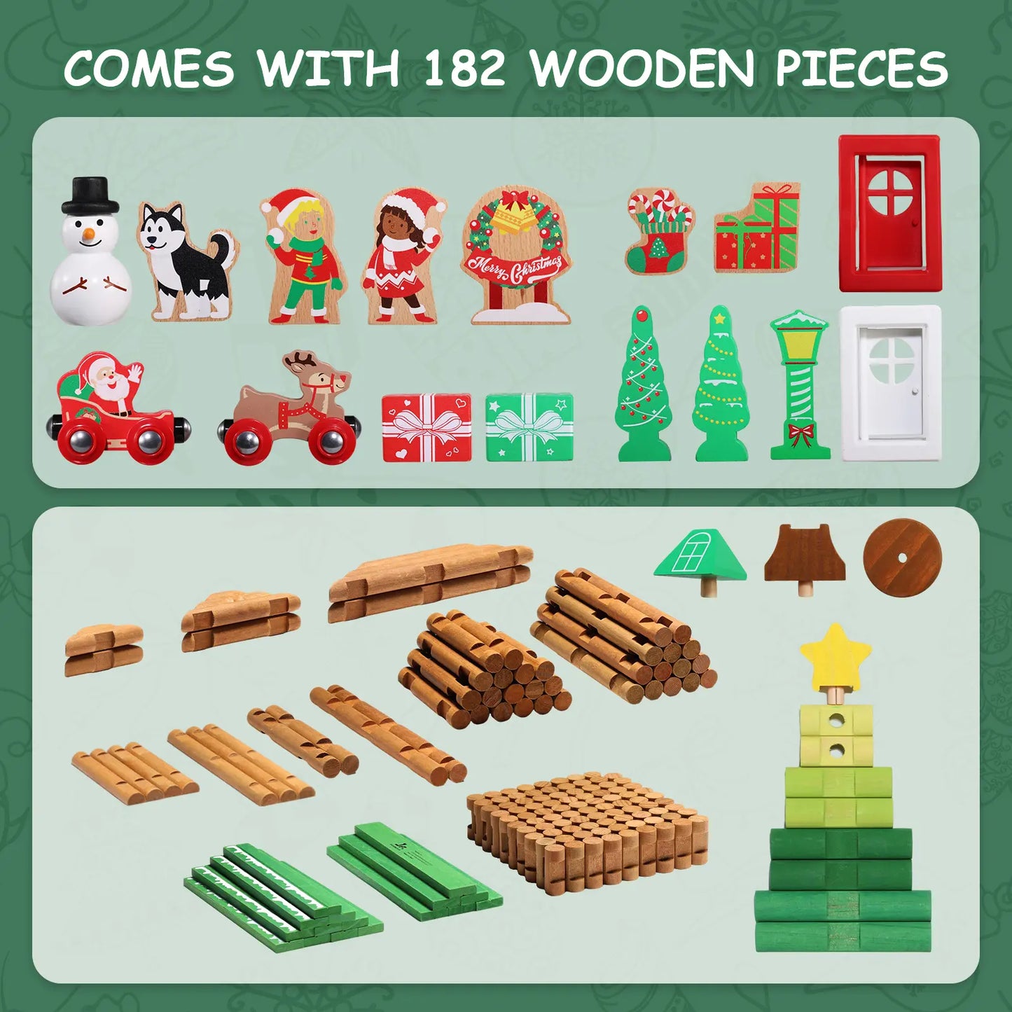 Set of Christmas-themed wooden building blocks with various pieces on a green background.