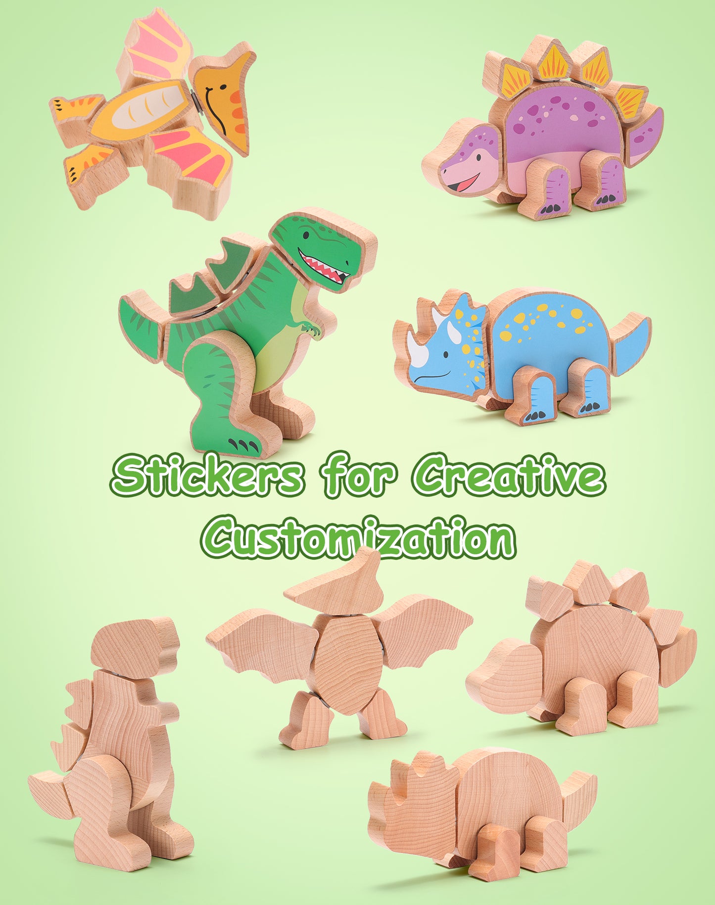 Set of colorful dinosaur stickers on a green background with text 'Stickers for Creative Customization'.