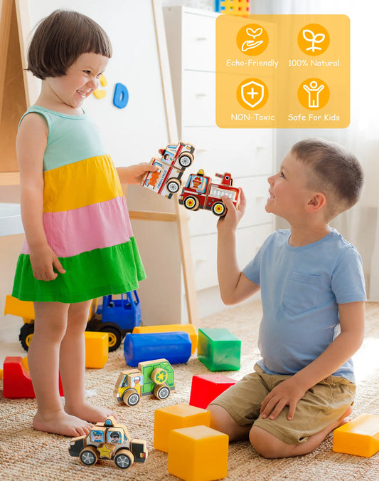 Two children playing with colorful toys on a carpeted floor, with a focus on safety and eco-friendliness.