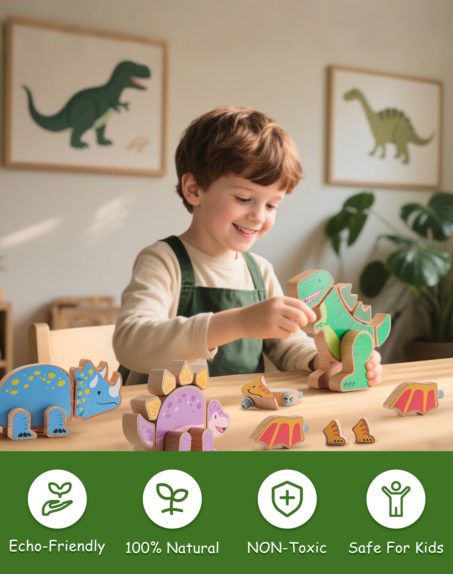 Wooden Dinosaur Snap Together Building Blocks