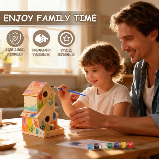 Wooden Bird House 2-Story with Brushes and Paint