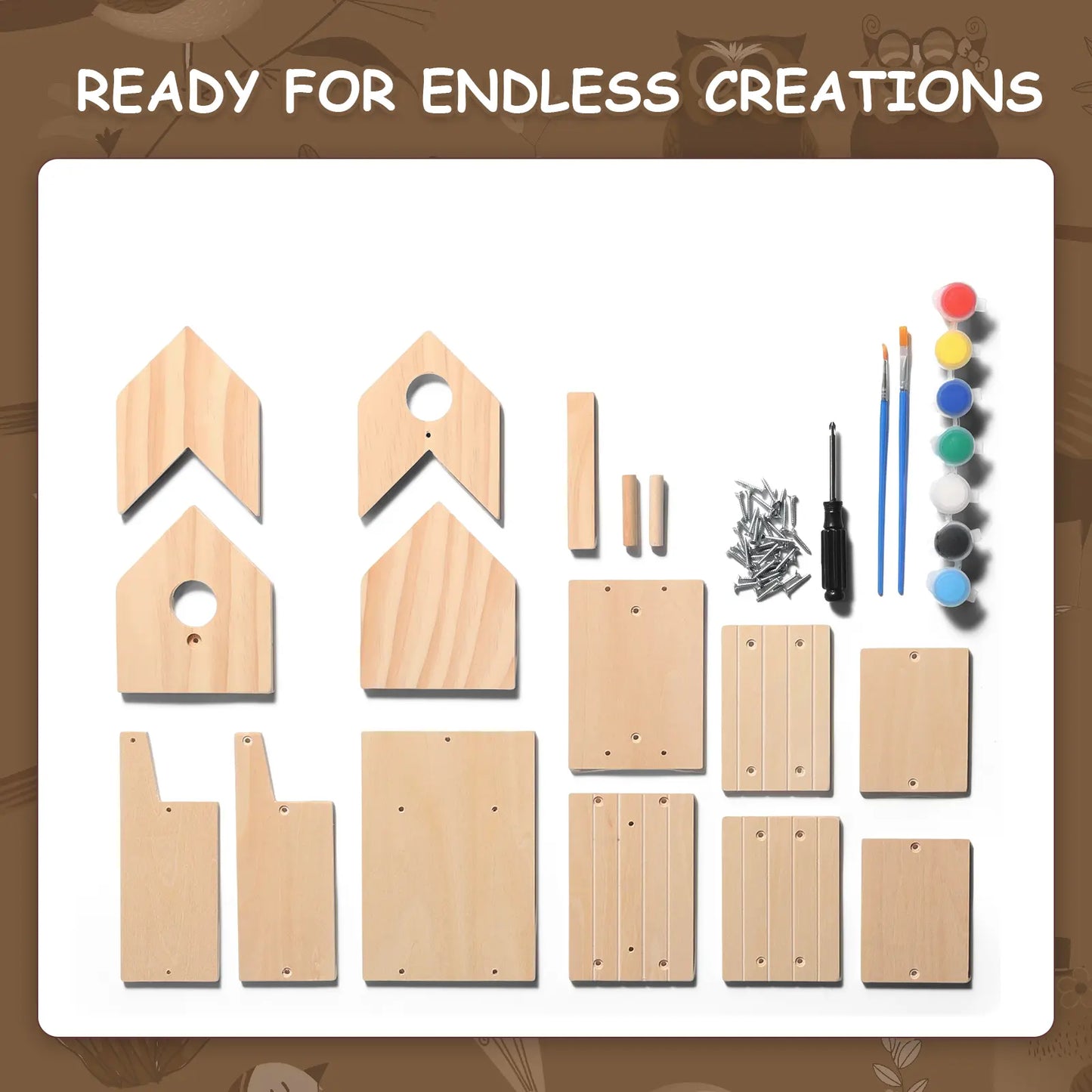 Wooden Bird House 2-Story with Brushes and Paint