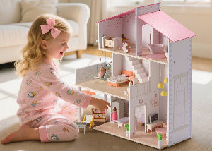 Child playing with a dollhouse in a living room