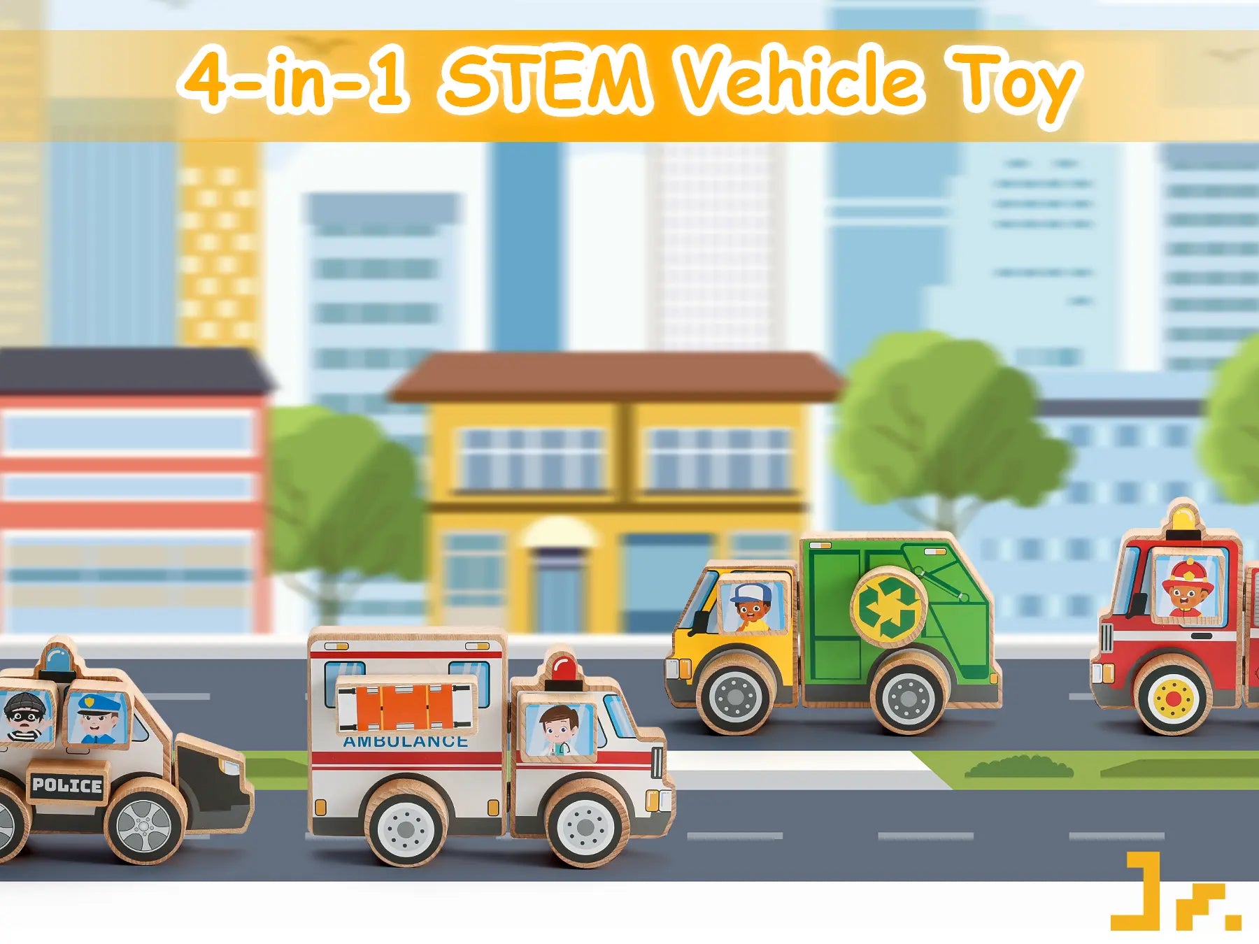 Four toy vehicles including a police car, ambulance, garbage truck, and fire truck on a city street with buildings and trees in the background.