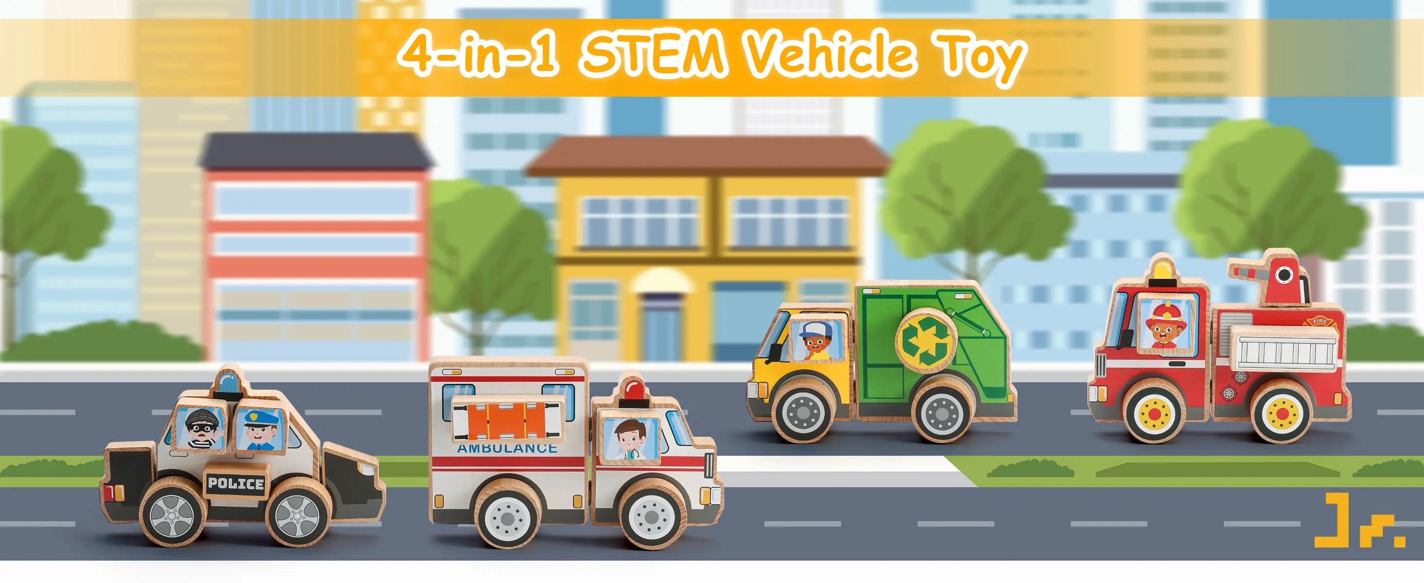 Set of four toy vehicles including a police car, ambulance, garbage truck, and fire truck on a road with buildings and trees in the background.