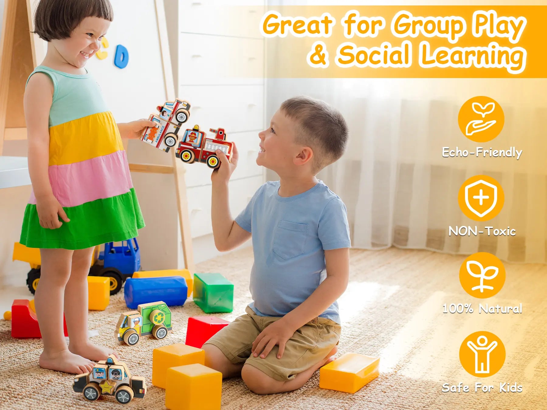 Two children playing with toys on a carpeted floor, surrounded by toy blocks and cars.