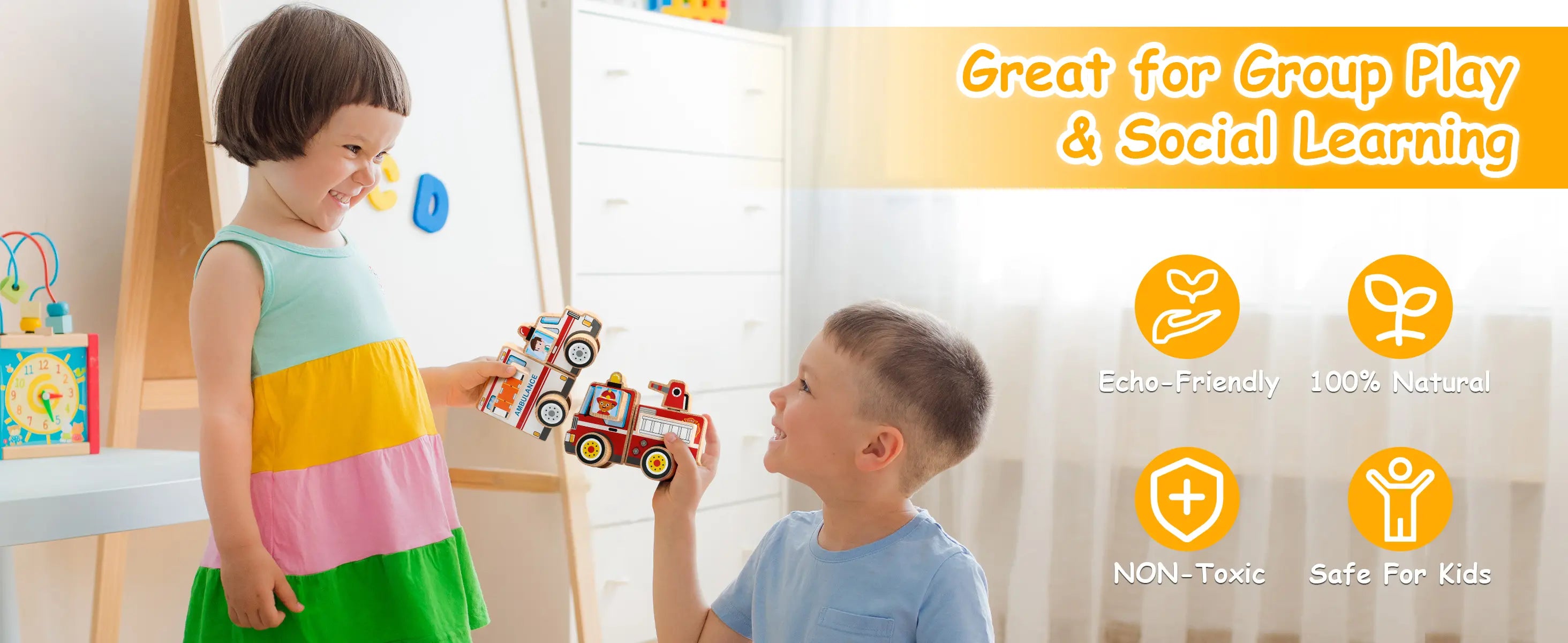 Two children playing with toy cars in a bright room, with text highlighting benefits of the toys.