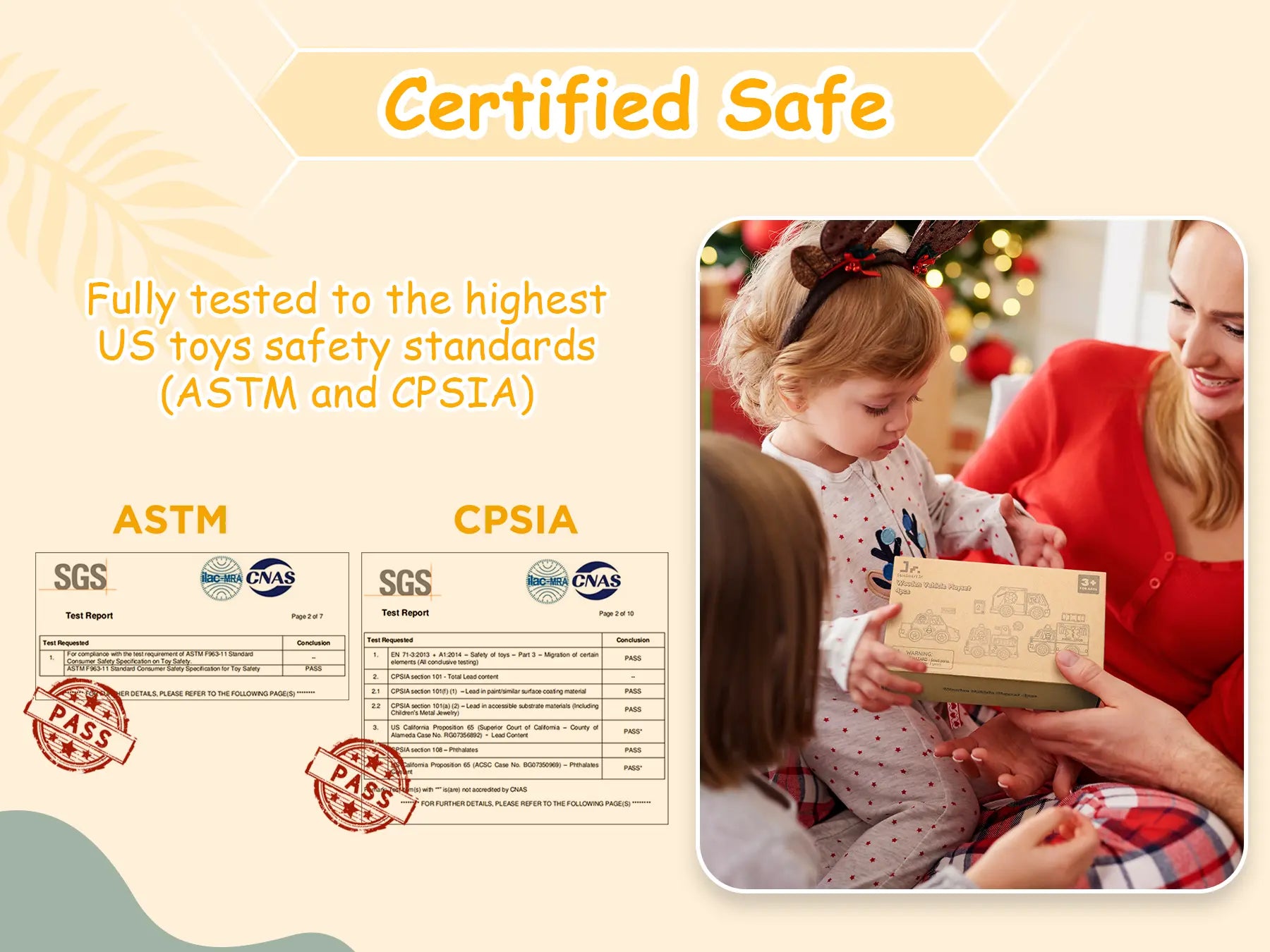 Certified safe toy packaging with child and parent, safety standards text, and certification logos.