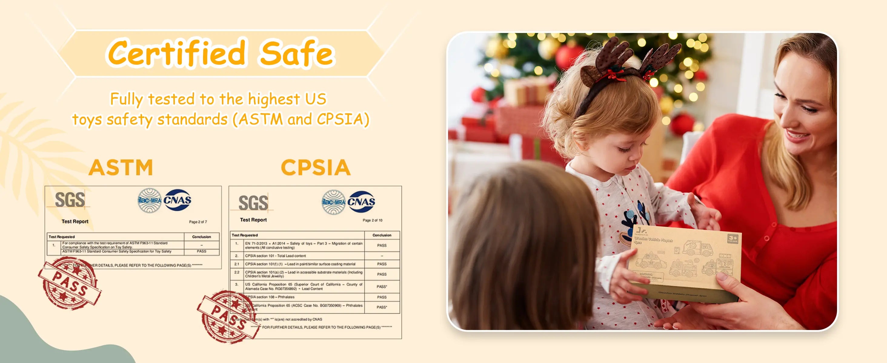 Product packaging with safety certification labels and a family scene.