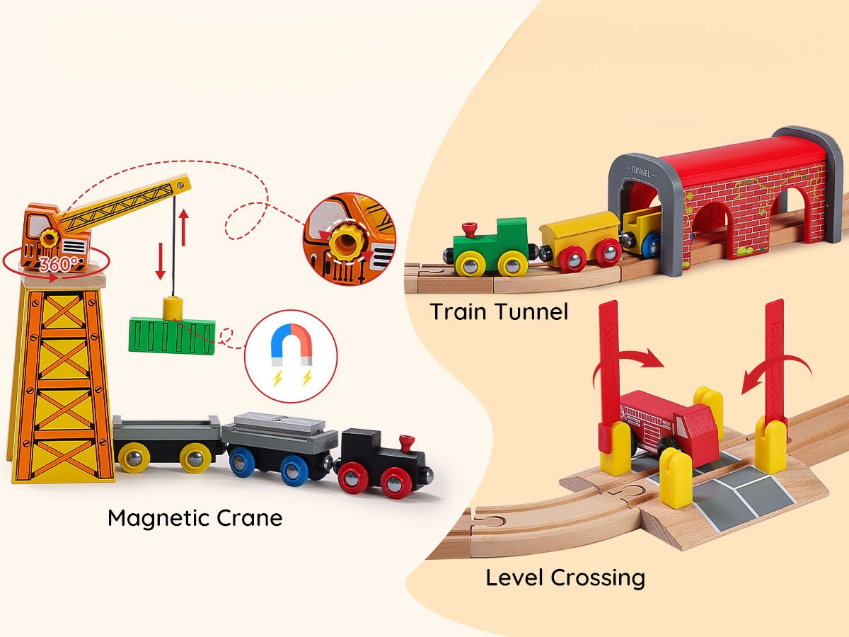 Toy train set with magnetic crane, train tunnel, and level crossing