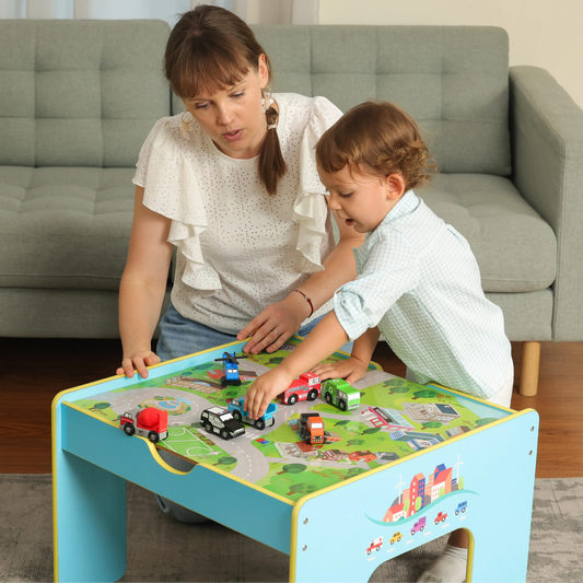 Woman and child playing with toy cars on a colorful table in a living room.
