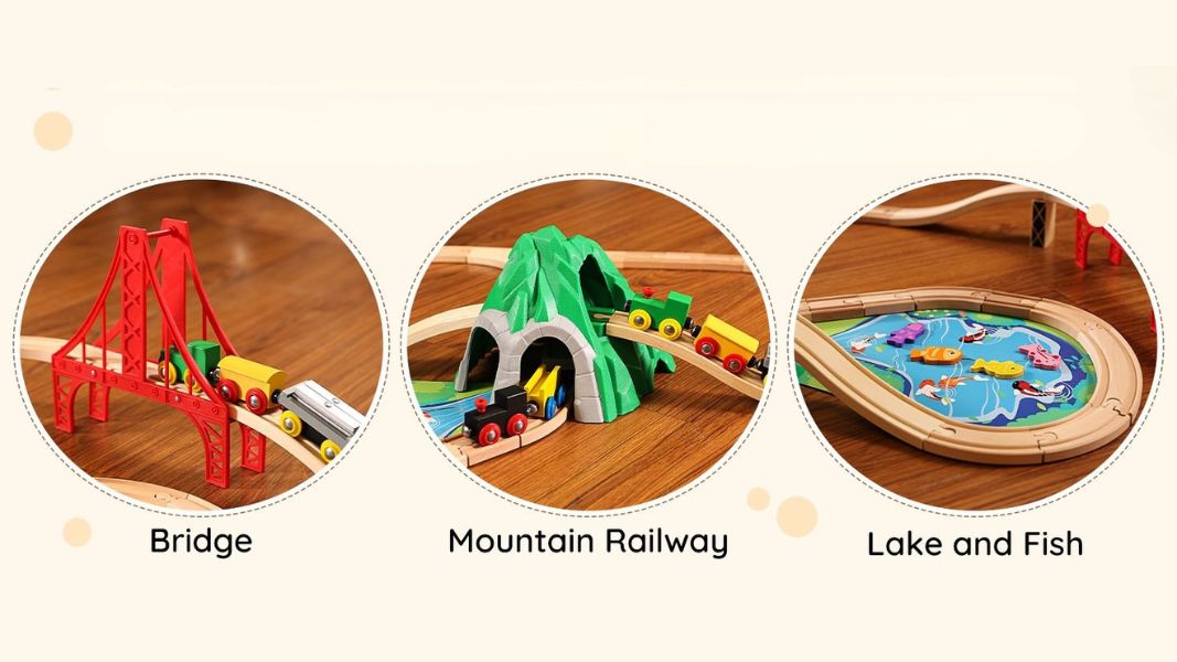 Wooden toy train set with bridge, mountain railway, and lake and fish features
