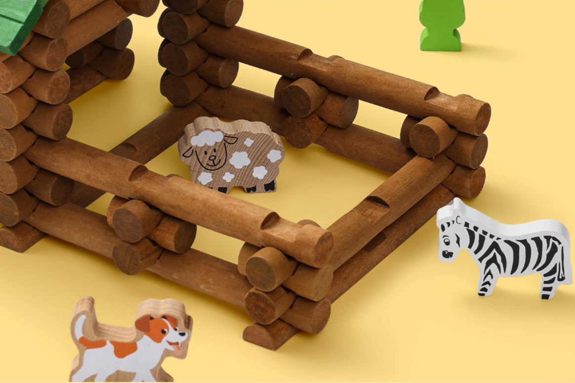 Children's toy set with wooden block structures and animal figures