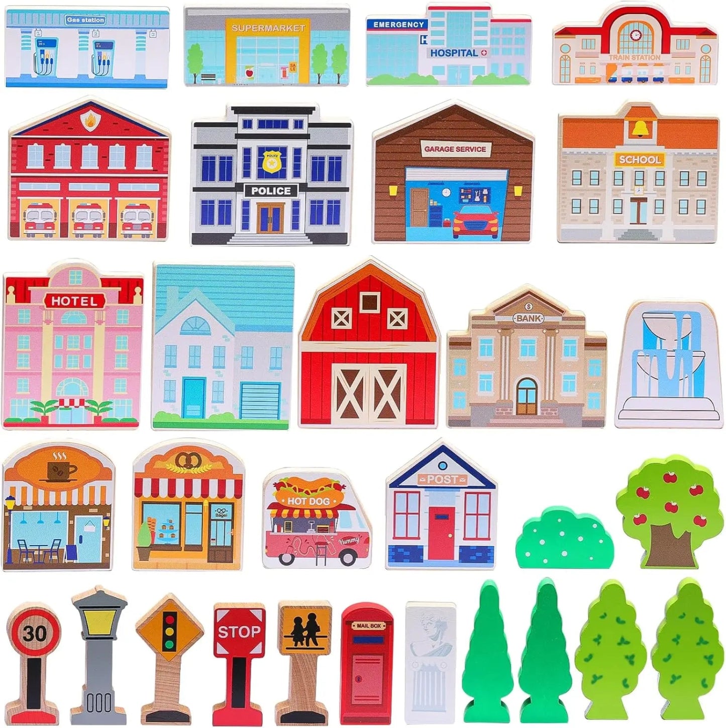 Collection of colorful building and vehicle-shaped toys