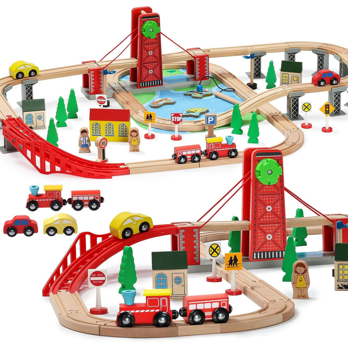A wooden train track set with double-sided tracks, featuring red and blue trains, a bridge, tunnel, trees, and various track switches and decorations.
