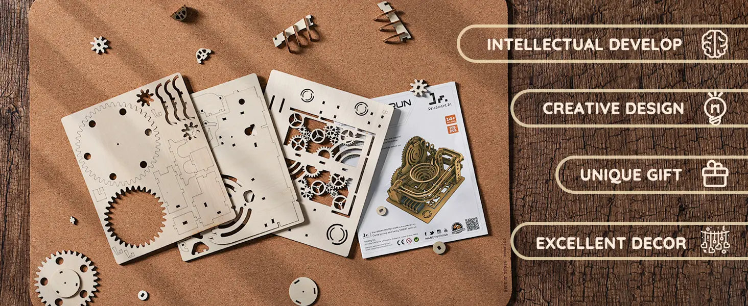 Wooden mechanical design templates on a brown surface