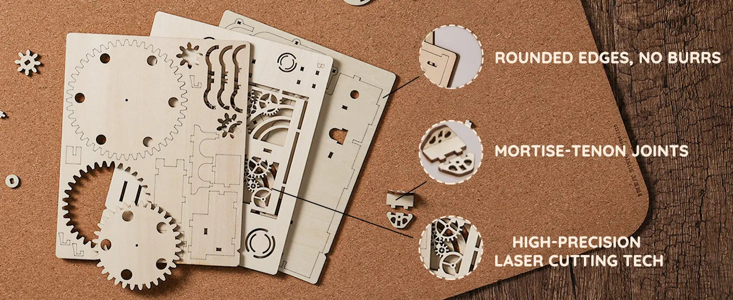 Wooden laser-cut templates with gears and cut-out shapes