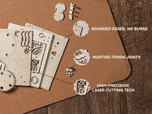 Wooden puzzle pieces with laser-cut details on a wooden surface