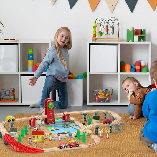 Adventure Town Wood Train Set Toys with 4 Trains