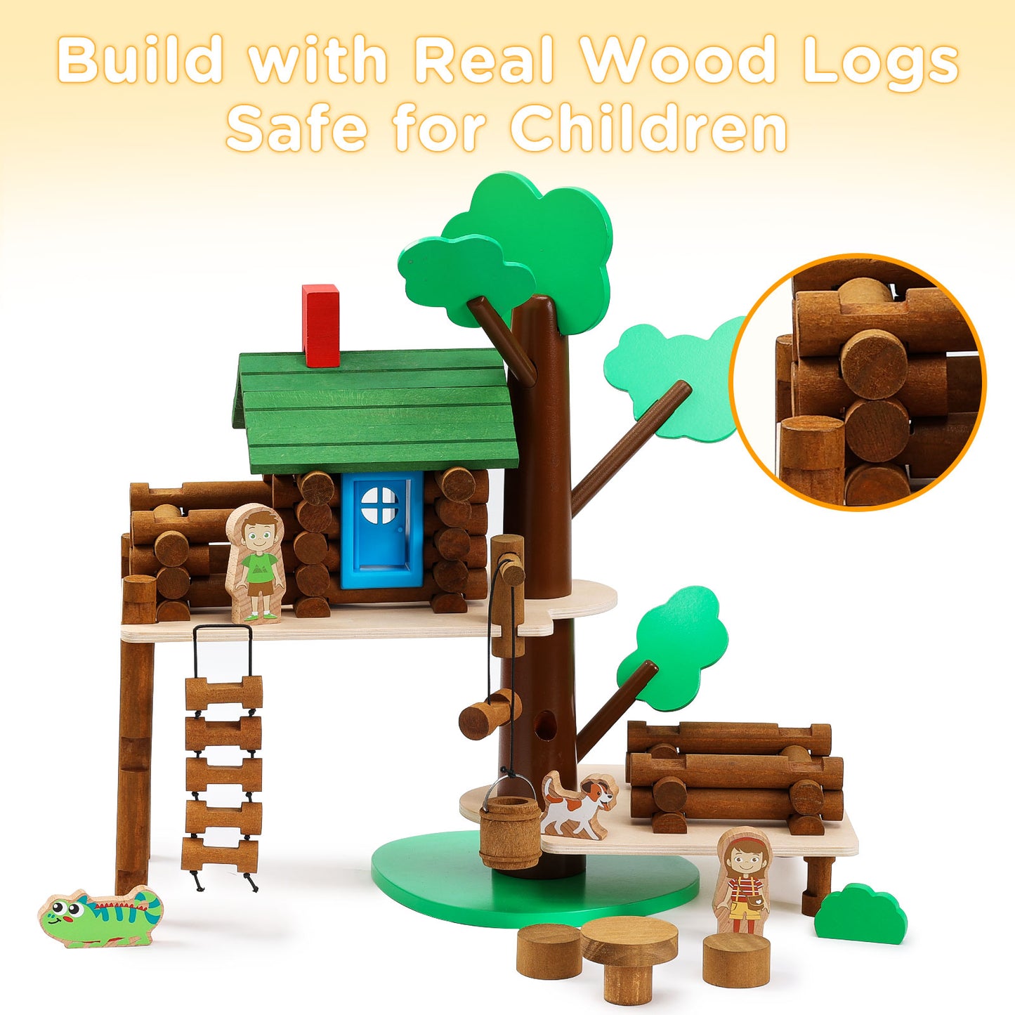 Wooden Log Cabin Set Building House Toy-6
