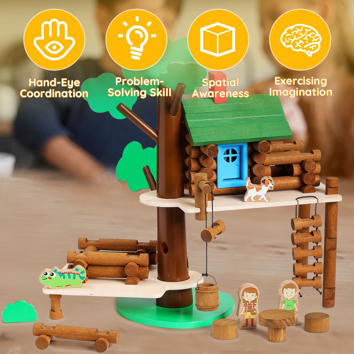 Wooden Log Cabin Set Building House Toy-7