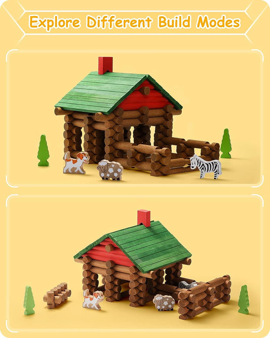 Wooden Log Cabin Set Farm Themed Building House Toy (110 pcs)-lincoln logs