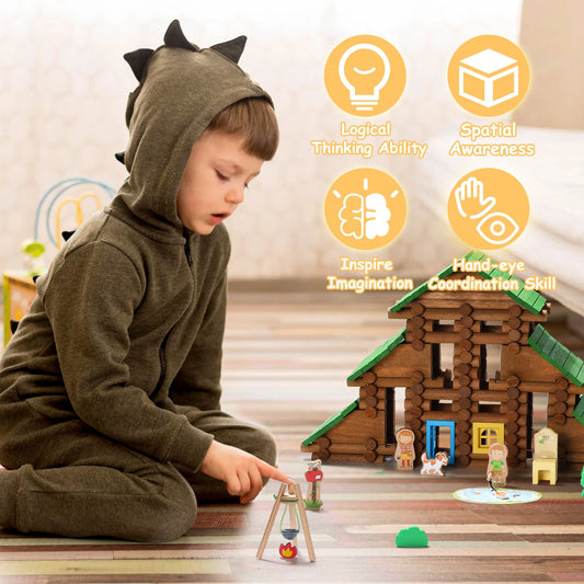 Child playing with wooden log cabin toys
