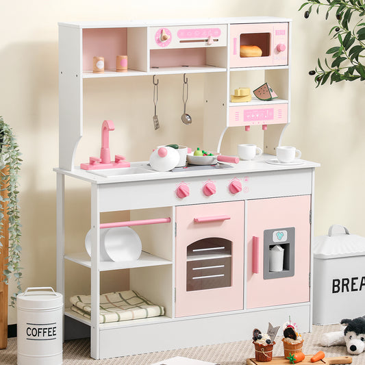 Children's play kitchen set with pink and white colors, including stove, oven, and sink.