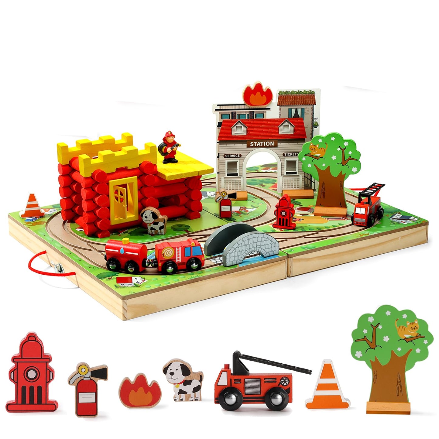 Wooden Train Set Fire Station Themed with Log Cabin Building Toys (66 pcs)-1