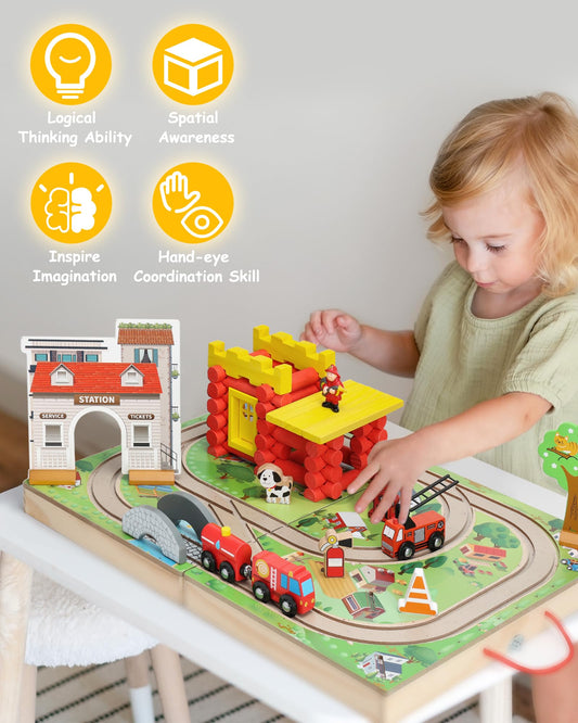 Wooden Train Set Fire Station Themed with Log Cabin Building Toys (66 pcs)-5