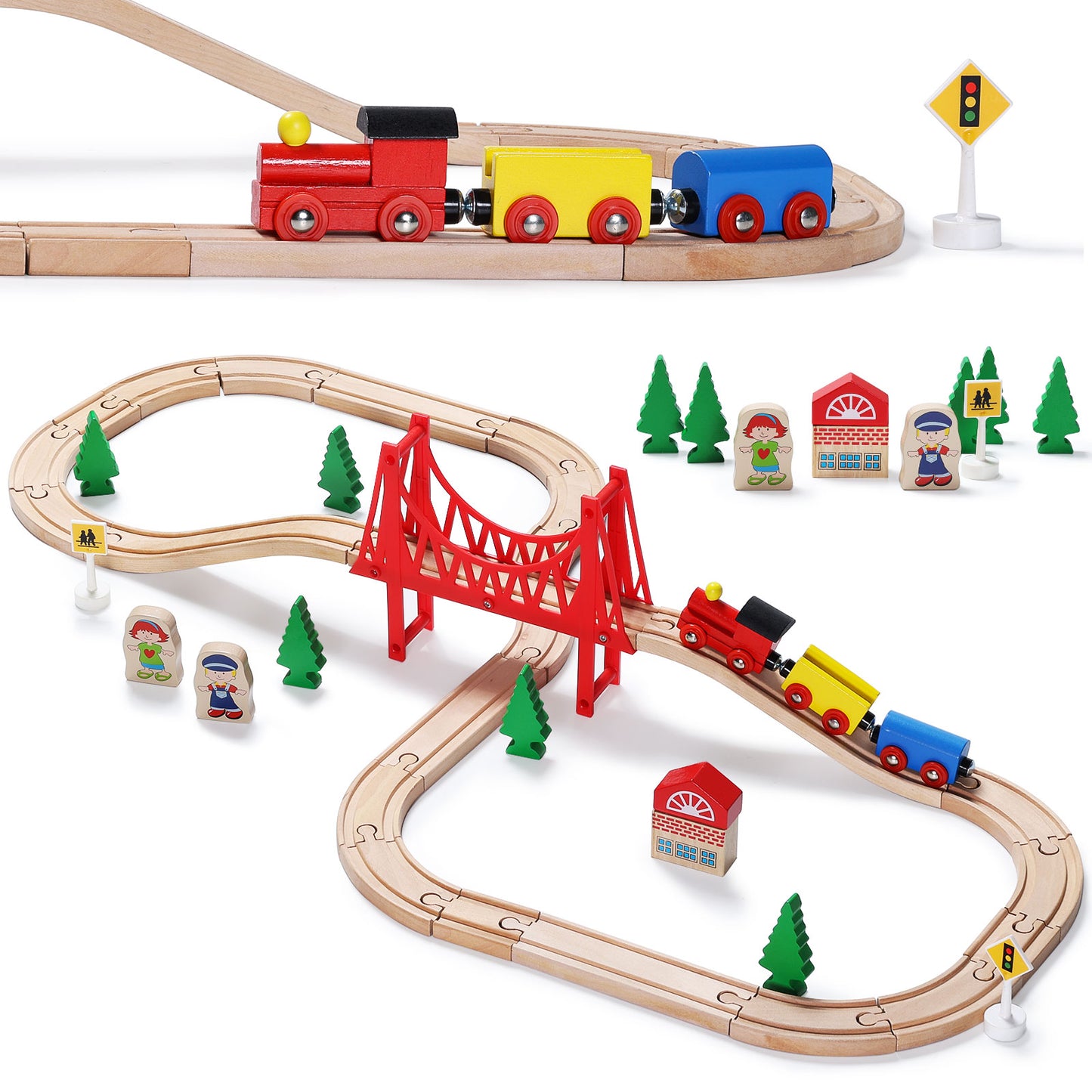 Wooden Train Set for Toddler with Suspension Bridge-1