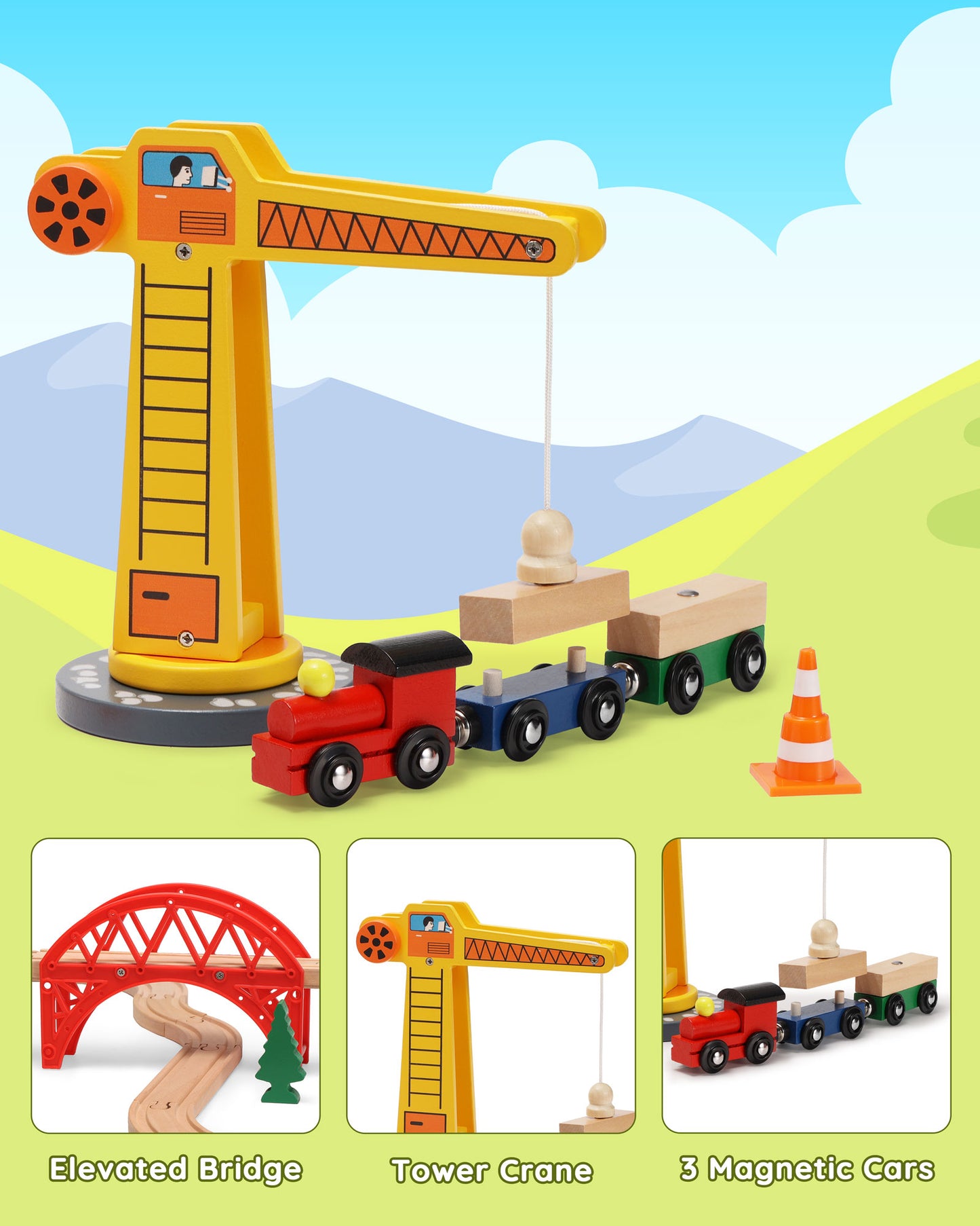 Wooden Train Set w/Crane (41 pcs) -4