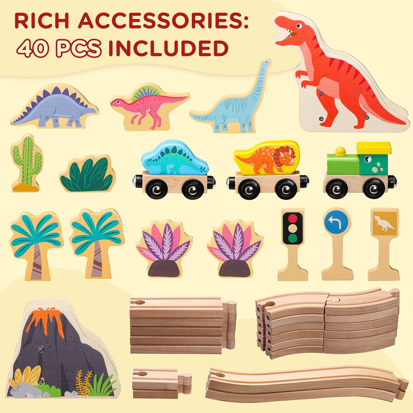 Wooden Train Set with Dinosaurs Theme (40 PCS)-3