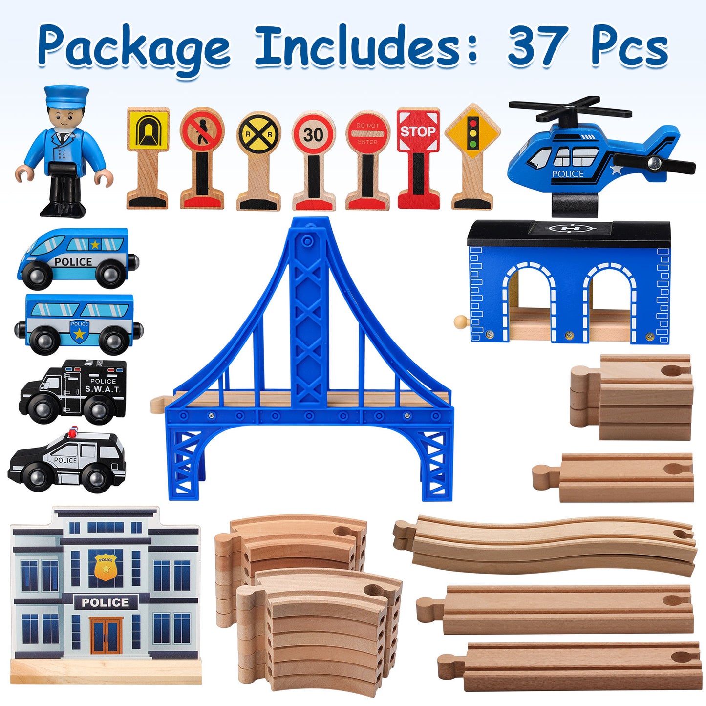Wooden Train Set with Police Station Theme-37 PCS