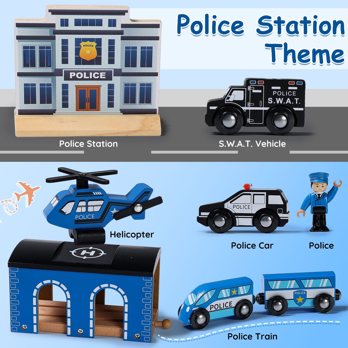 Wooden Train Set with Police Station Theme-3
