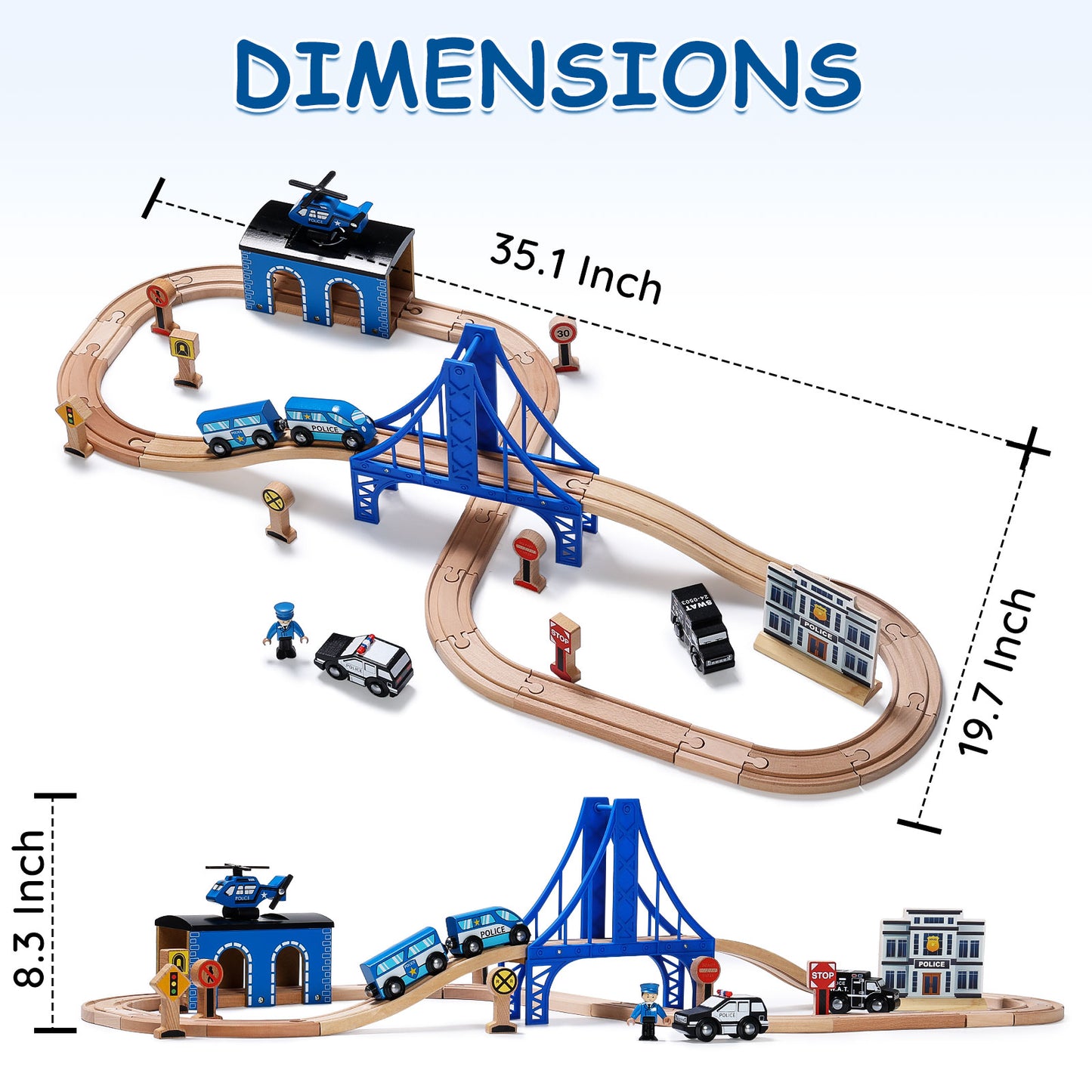 Wooden Train Set with Police Station Theme-Size