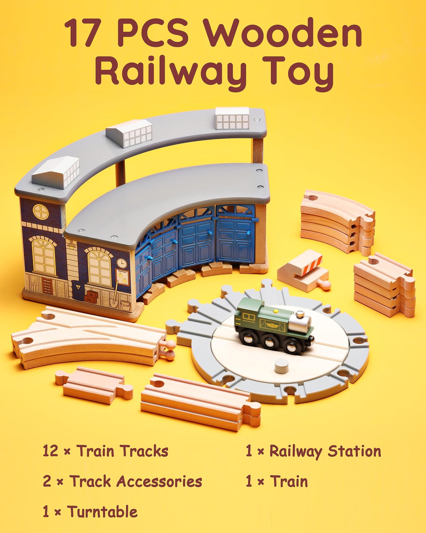 Wooden Train Track toy with Roundhouse-6