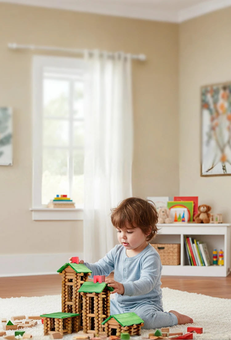 Child playing with wooden toy houses in a room with a window and shelves.