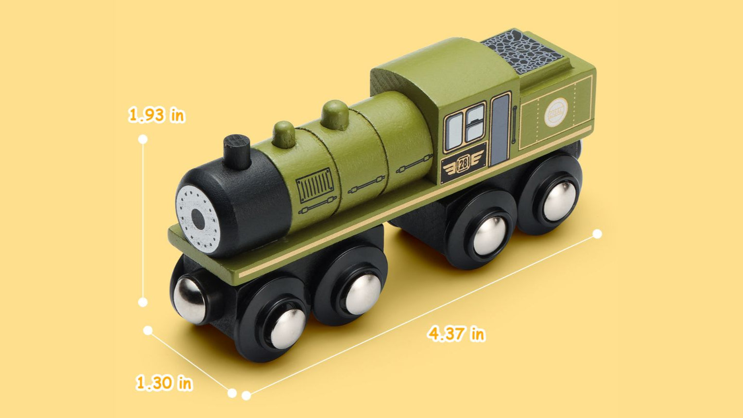 Green toy train car with measurements displayed.