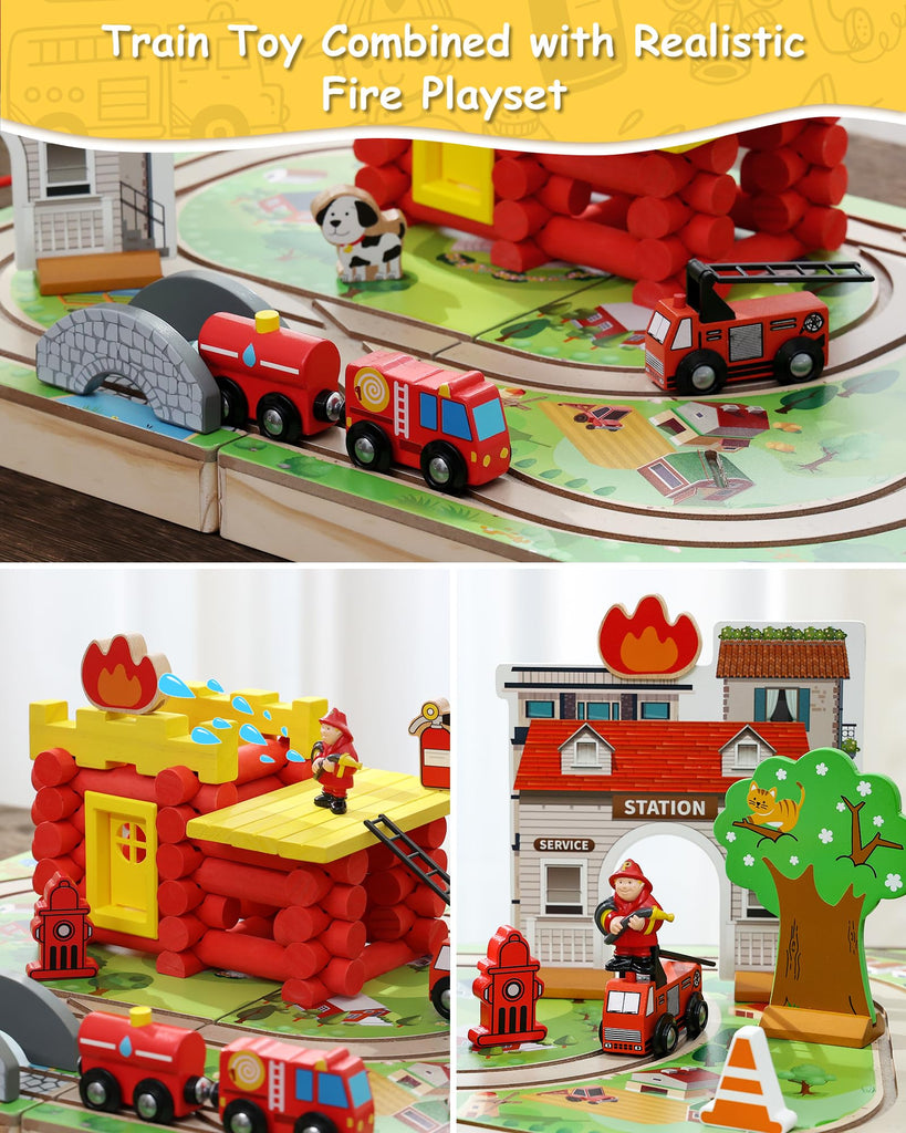 SainSmart Jr. Wooden Train Set with Log Cabin, Toddler Building