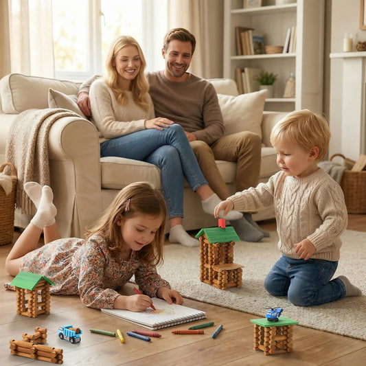 Family in a living room with children playing log cabin toy on the floor.