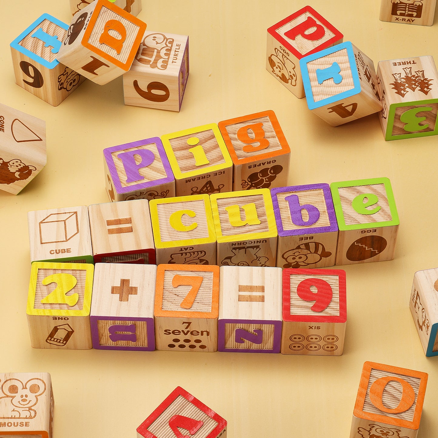 Colorful wooden blocks with letters and numbers