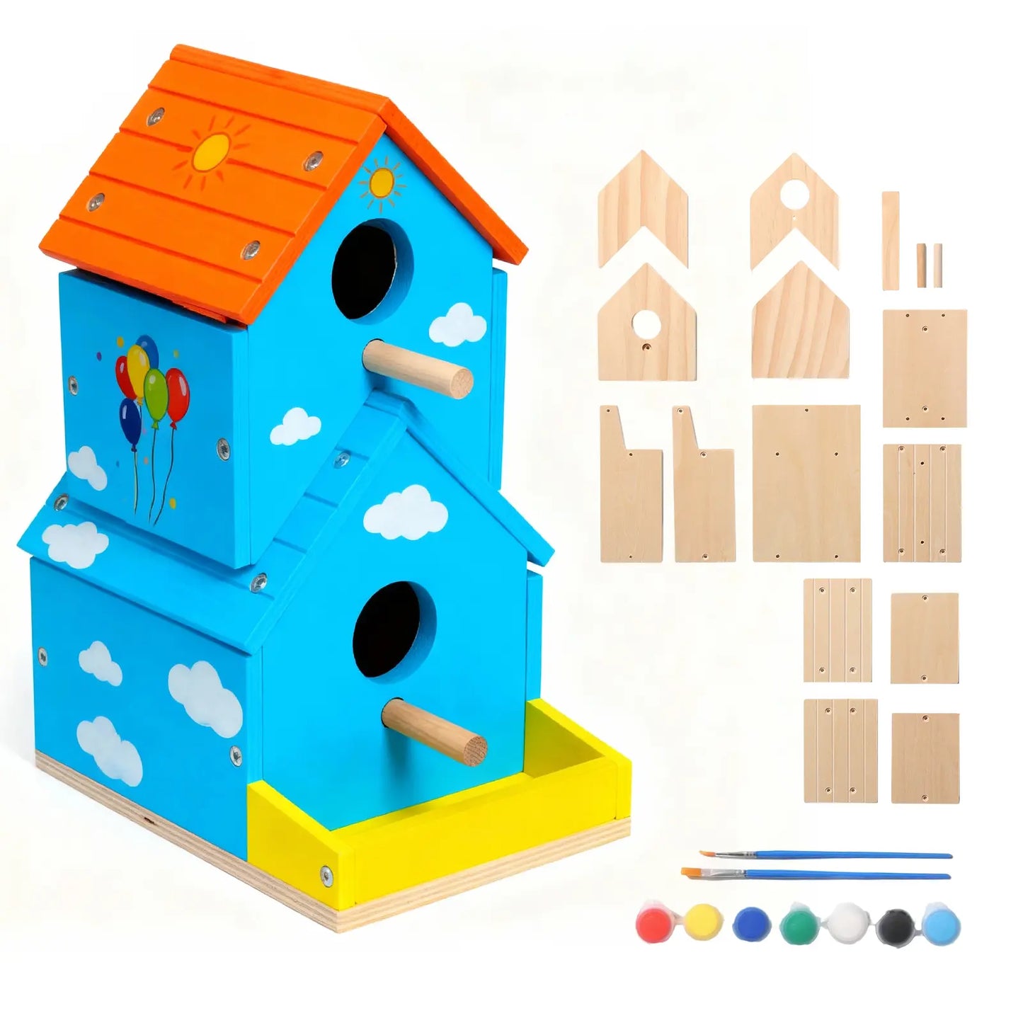 Wooden Bird House 2-Story with Brushes and Paint