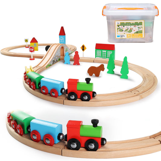 Wooden Train Set with Storage Box