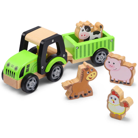 Toy truck with a green carrying wooden farm animals