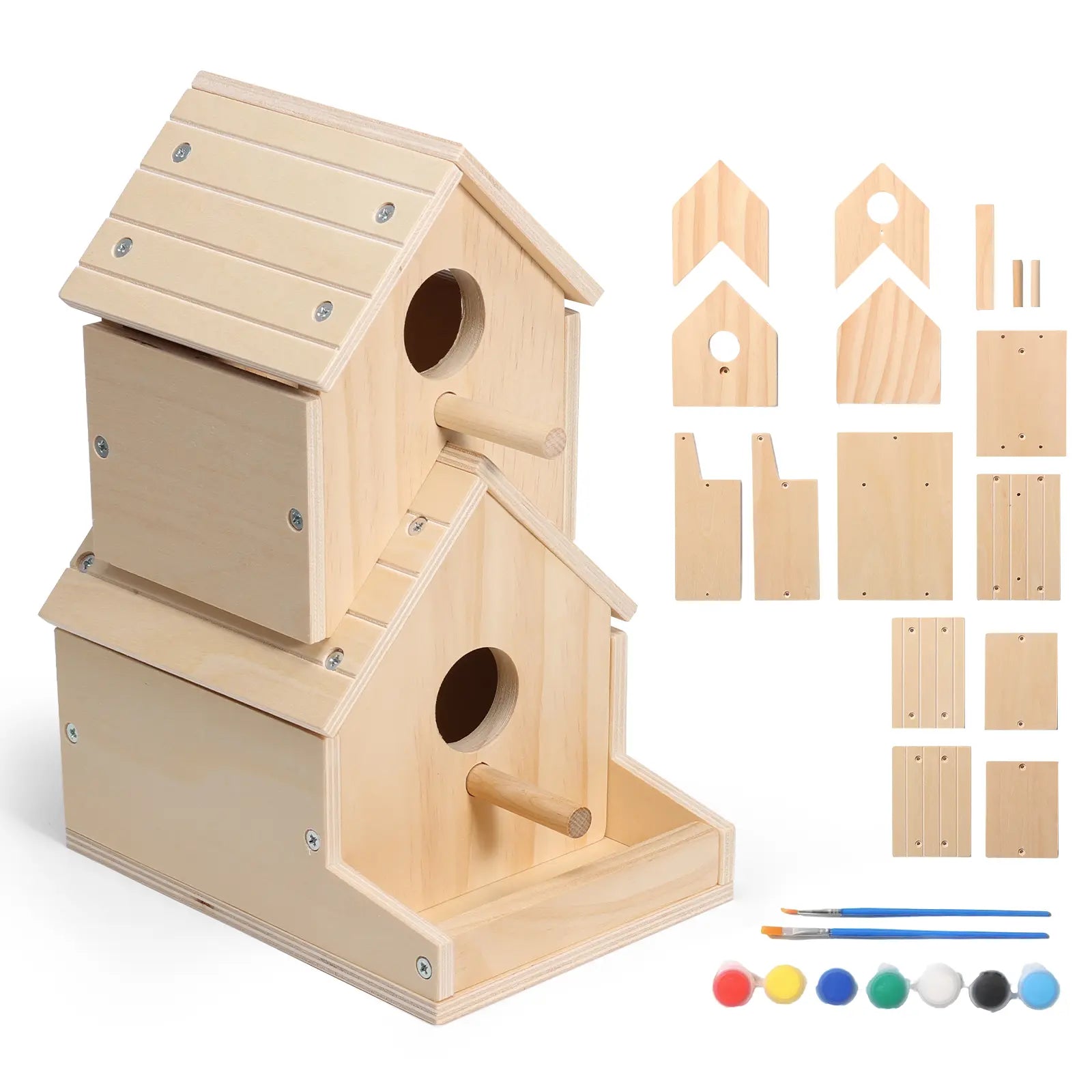 Wooden Bird House 2-Story with Brushes and Paint