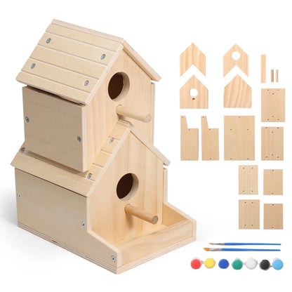 Wooden Bird House 2-Story with Brushes and Paint