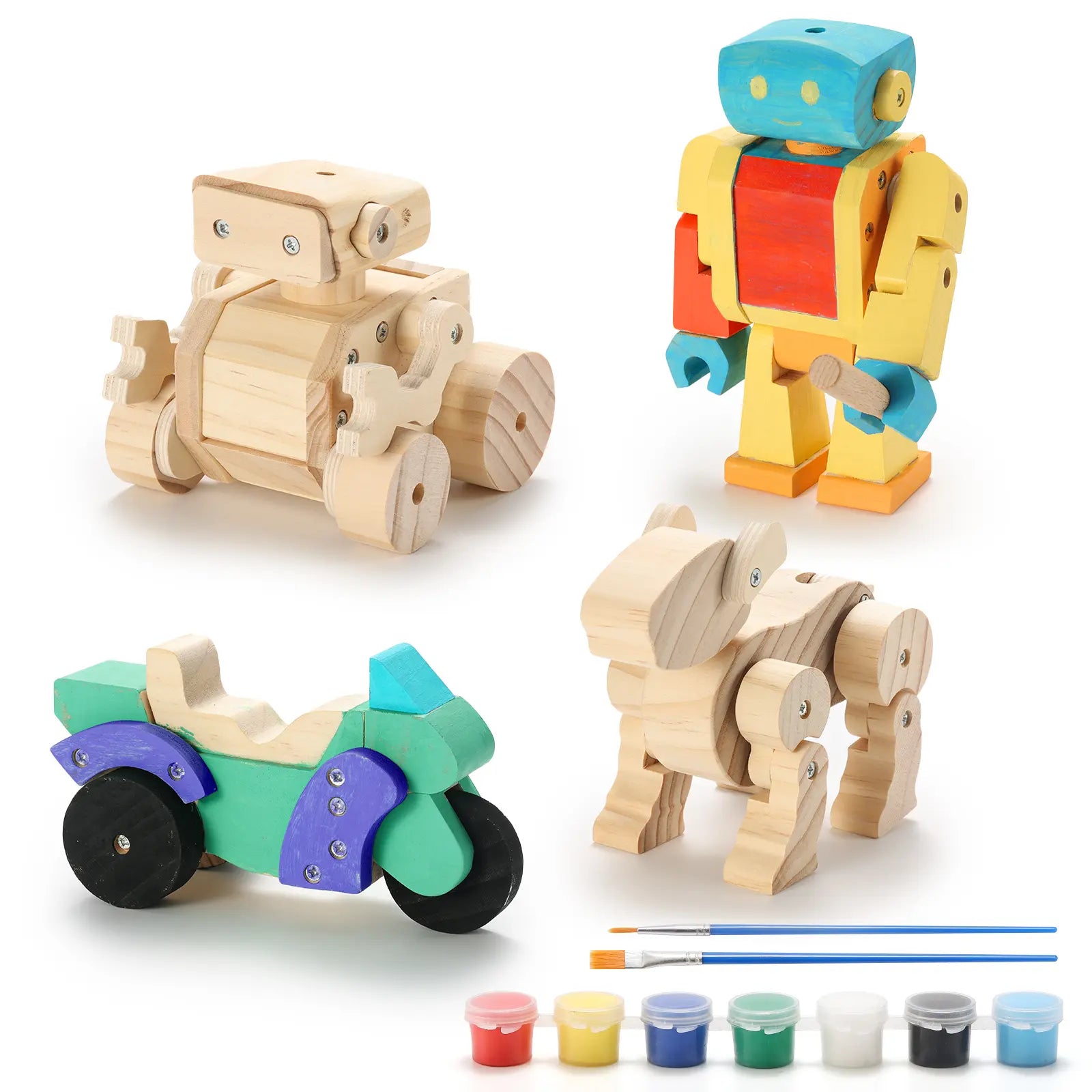 Set of wooden toys including a robot, motorcycle, and animal figure with paint cans and brushes on a white background.